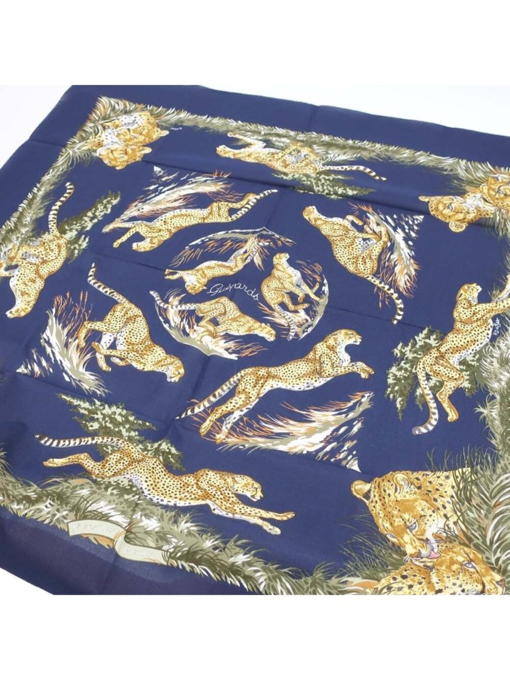 Hermes Carre 80 Cheetah Scarf Cotton Blue Marine Gold Khaki Navy - Picture 2 of 10